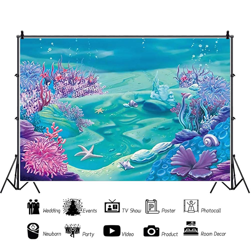 7x5ft Cartoon Underwater World Photography Backdrop - Kids Birthday Party, Baby Shower Background, Under The Sea Theme Decor with Conch, Coral - Perfect for Cake Table, Photo Studio Props & Children's Events
