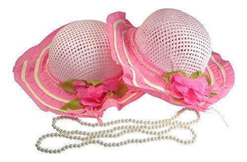 2 Pack Pink Sun Hats with 2 Faux Pearl Necklaces Set - Women's Summer Beach Accessories for Outdoor, Vacation & Photoshoot