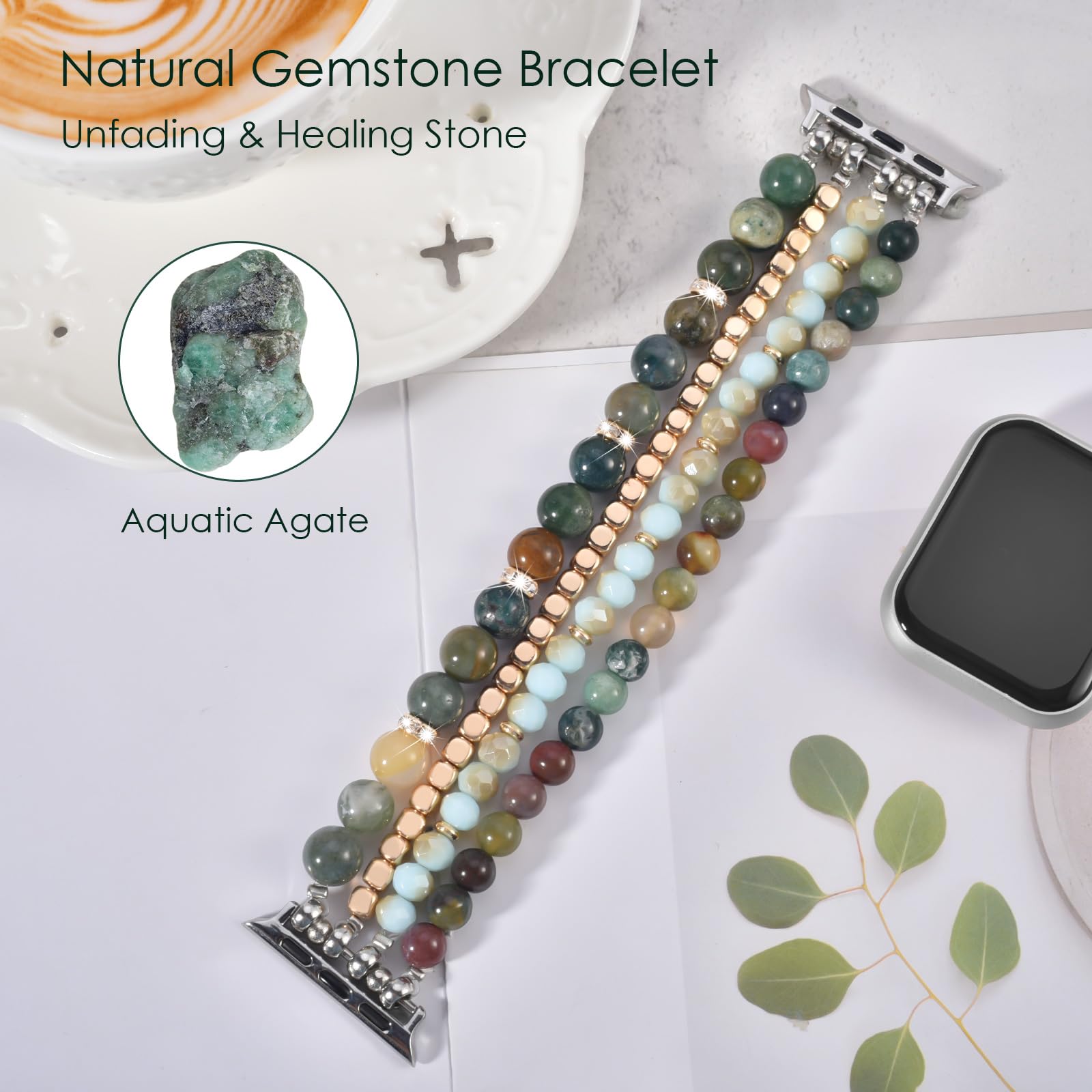 Natural Stone Bracelet for Apple Watch 38mm 40mm 41mm 42mm 44mm 45mm - Handmade Beaded Stretch Strap Compatible with iWatch Series 9/8/7/6/5/4/3/2/1/SE - Elegant Women's Accessory for Work, Parties & Everyday Wear