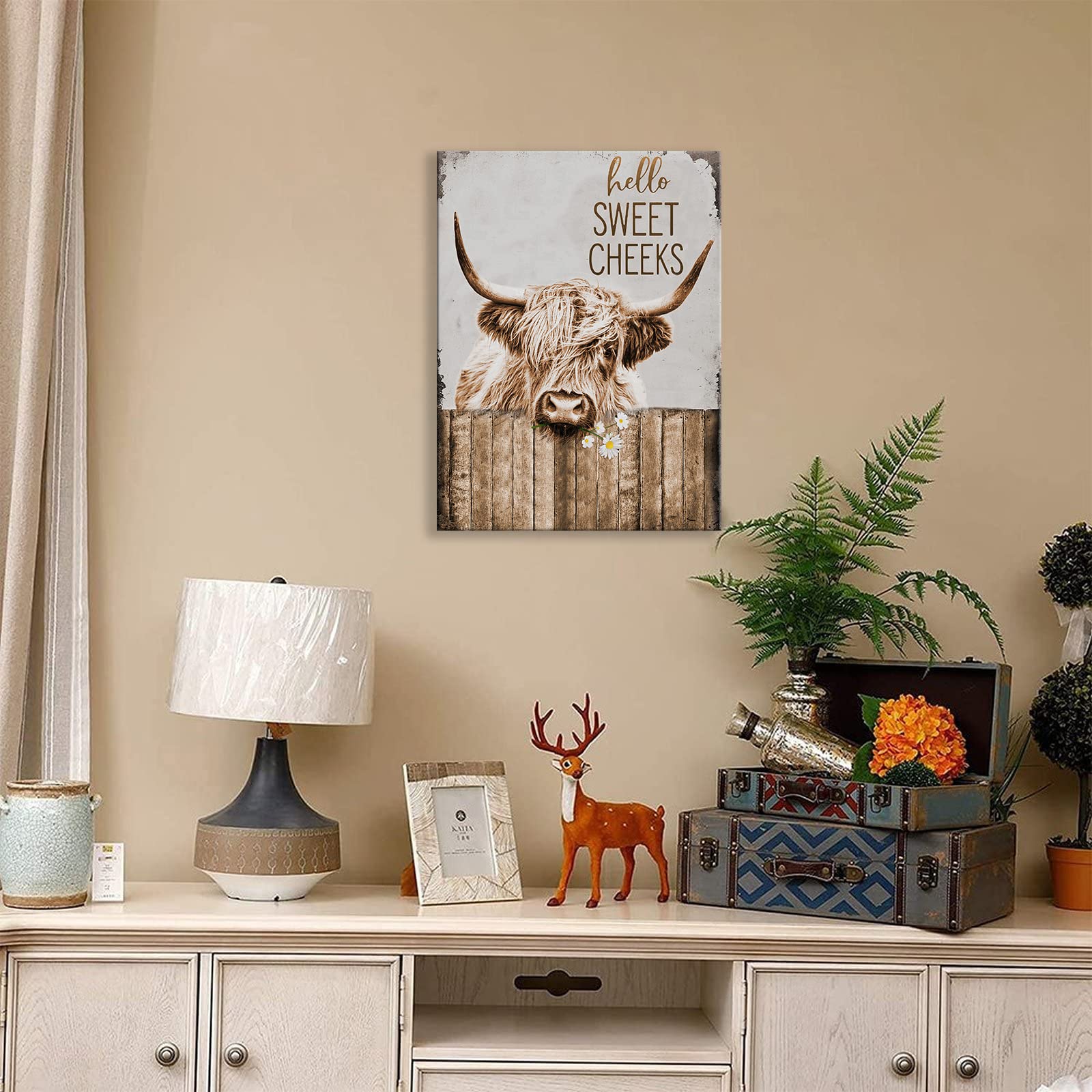 Funny Highland Cow Wall Art - Rustic Farmhouse Bathroom Decor, Country Cattle Painting Canvas Print (12x16 Inch Framed) for Office, Bedroom, Kitchen & Dining Room - Perfect for Farmhouse & Country Style Home Decor