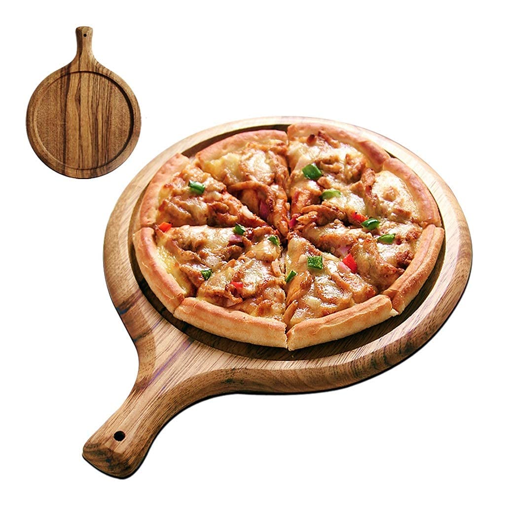 30cm Bamboo Wooden Pizza Serving Plate with Handles & Hanging Holes - Round Pizza Tray for Homemade Pizza, Cheese, Fruits & Cake - Perfect for Kitchen, Dining, Parties & Outdoor Picnics