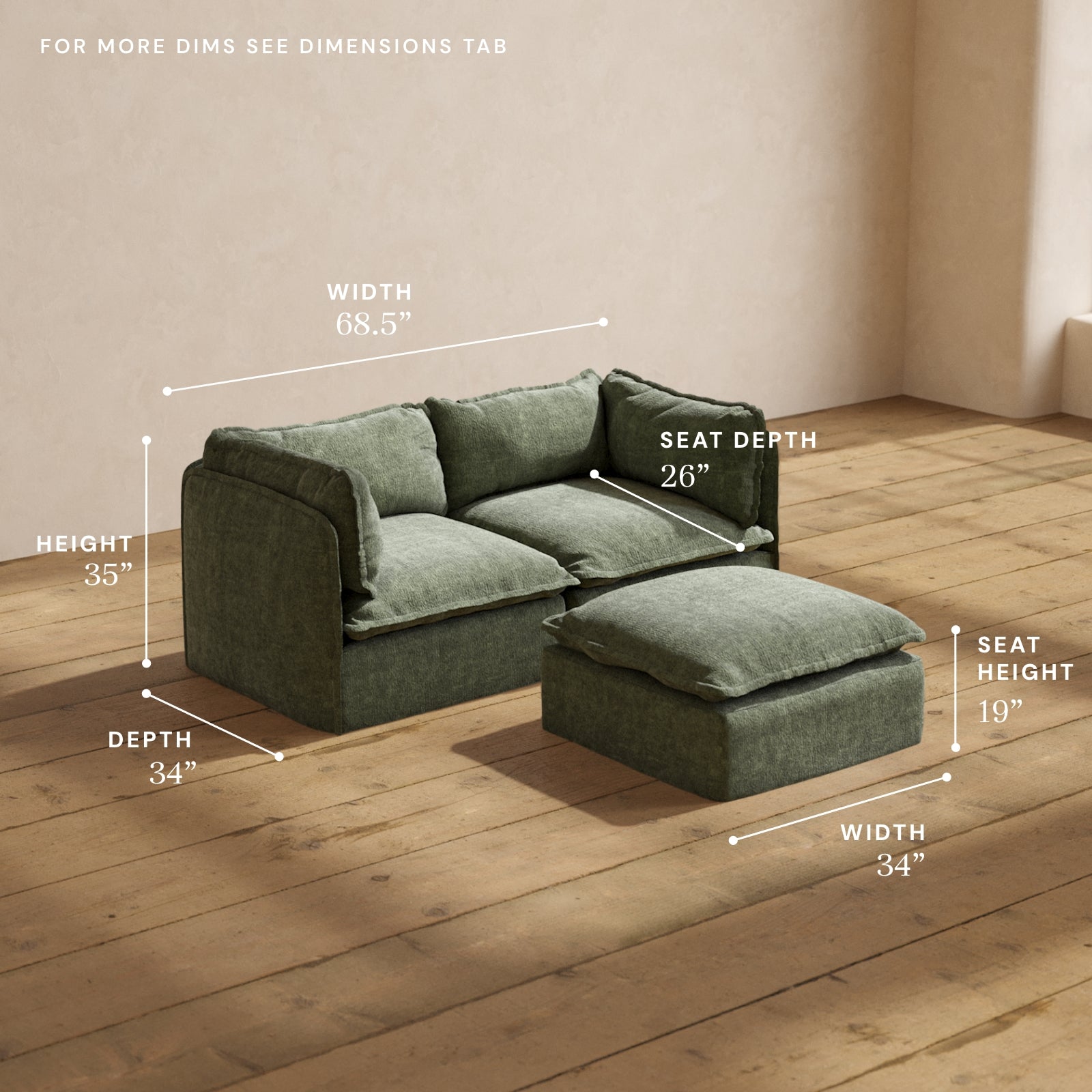 Premium Modular Performance 2-Seater Sofa with Ottoman in Willow Fabric - Luxury Blend for Living Room, Lounge & Home Theater Comfort