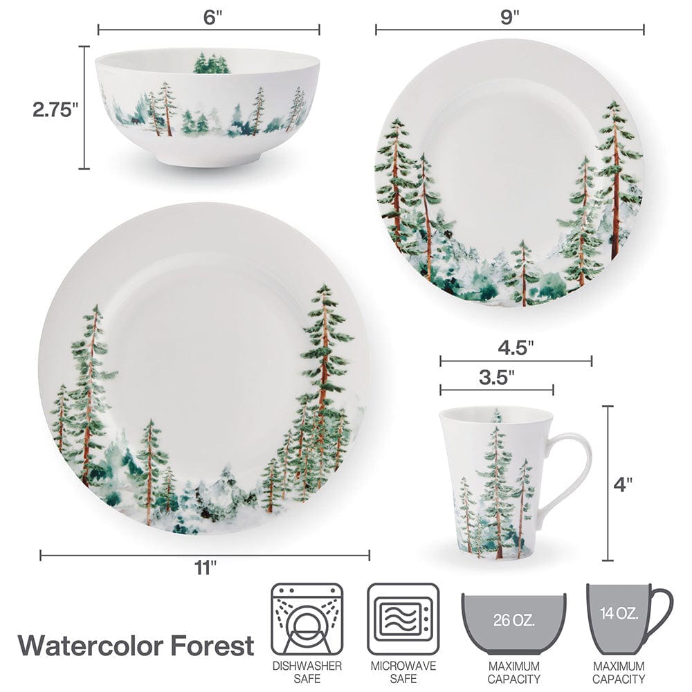 16-Piece Watercolor Forest Dinnerware Set - Service for 4 | Elegant Tableware for Family Dinners & Entertaining Guests