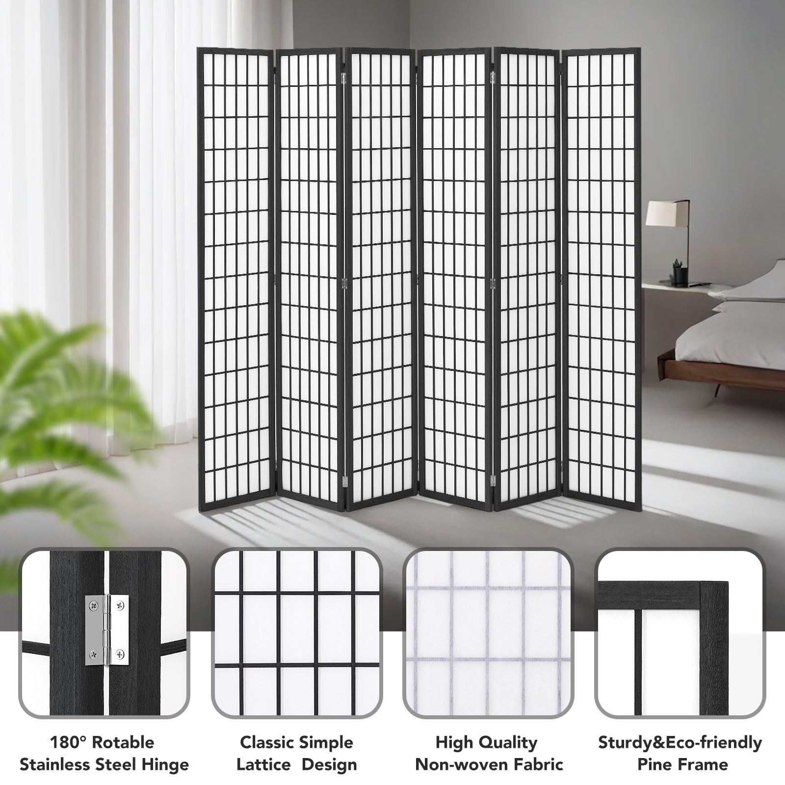 JOSTYLE 6-Panel Room Divider - 5.9 Ft Folding Privacy Screen for Home & Office - Japanese Shoji Style Partition Wall in Black - Perfect for Bedroom Separation, Living Room Privacy & Office Space Dividers