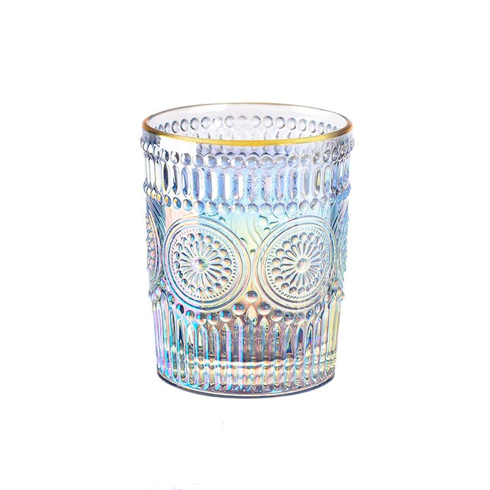 Iridescent Embossed Gold Rim Wine Glass - 9 oz Baroque Clear Crystal Cup for Water, Milk, Juice, Coffee | Elegant Drinking Glass with Unique Design | Perfect for Parties, Weddings, Home Decor & Makeup Brush/Pen/Pencil/Toothbrush Holder (Small)