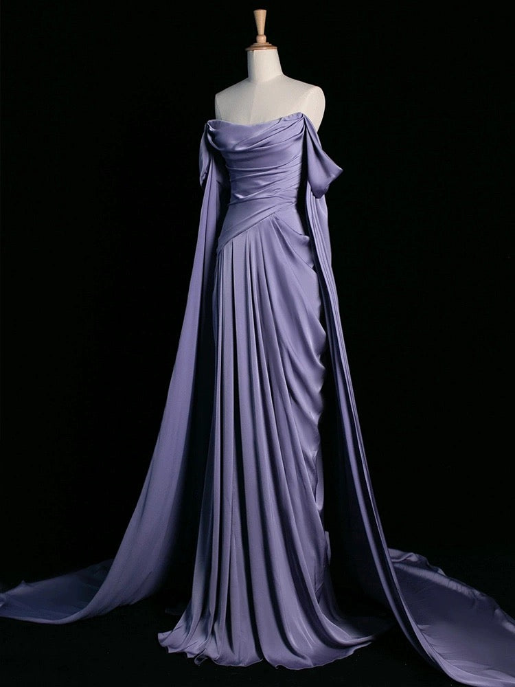 Elegant Off-Shoulder A-Line Satin Long Prom Dress in Purple - Perfect for Formal Dances, Evening Galas & Special Occasions