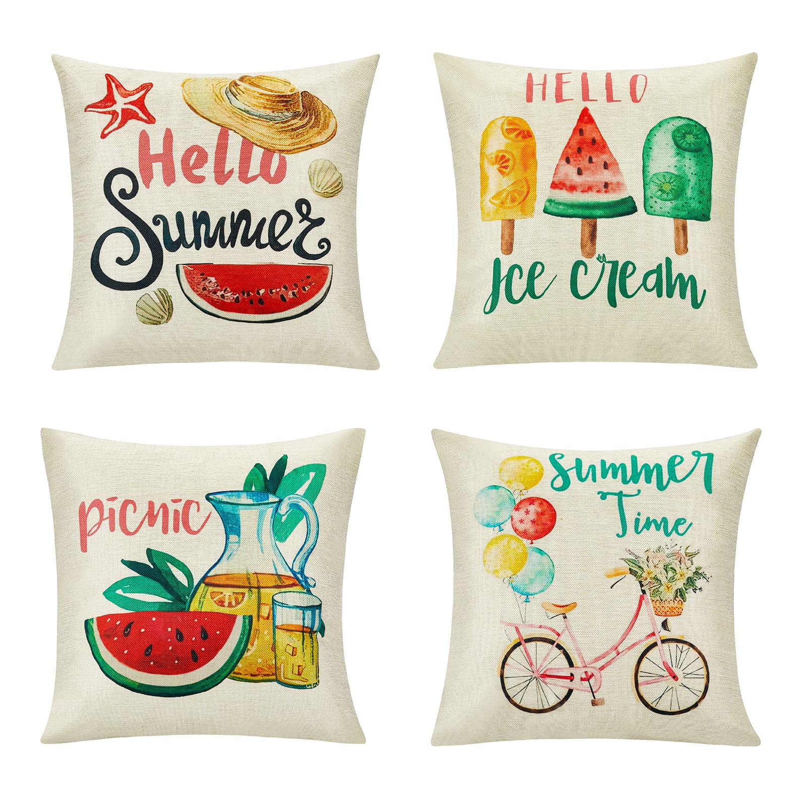 16x16 Summer Pillow Covers Set of 4 - Farmhouse & Boho Decorative Cushion Cases for Sofa, Couch, Bedroom - Perfect for Home Decor, Living Room Accents & Seasonal Styling