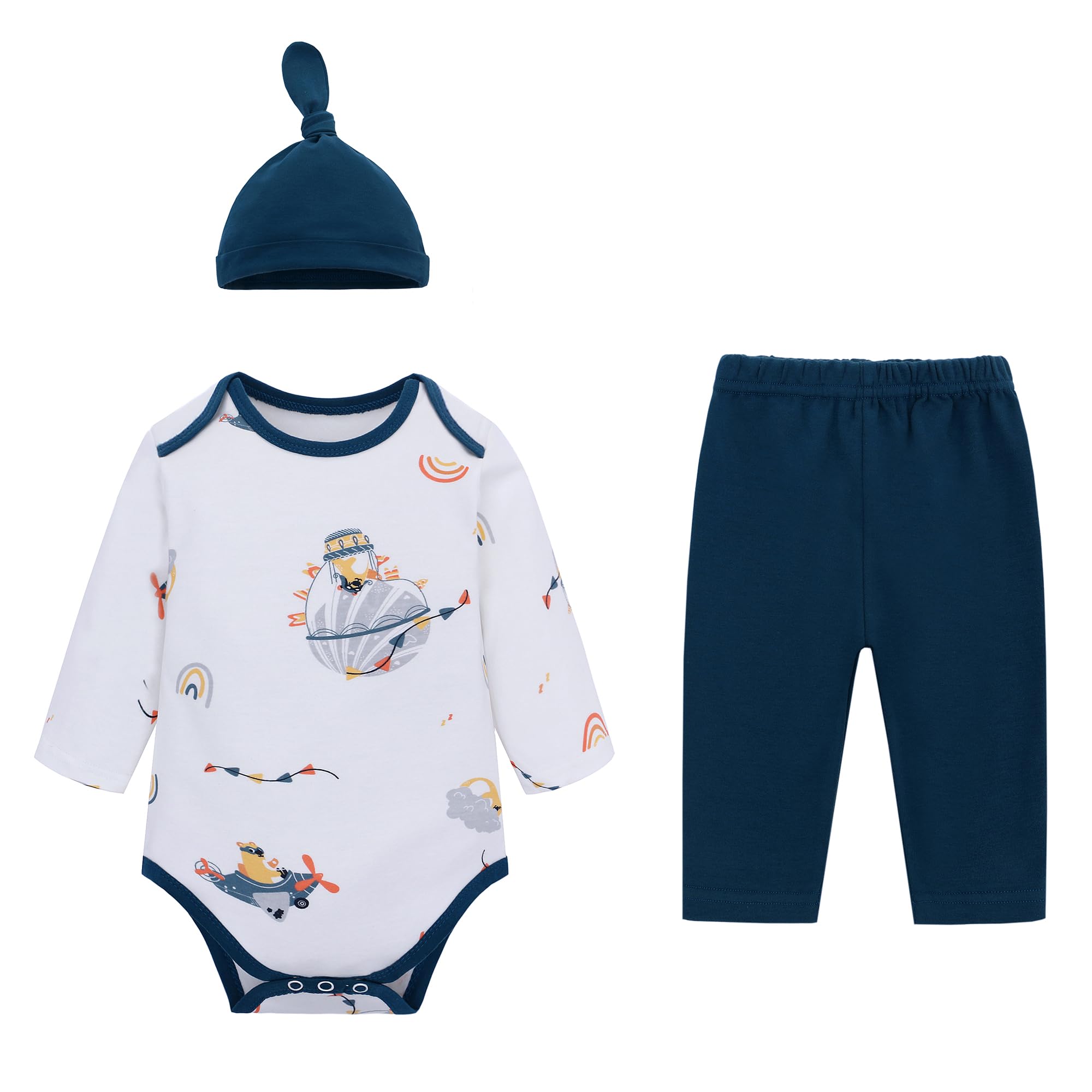 LAT Newborn Baby Boy Girl Outfits - 3Pcs Long Sleeve Romper with Pants & Hat Set | Soft Cotton Unisex Infant Clothes | Perfect for Photoshoots, Daily Wear & Gift Giving