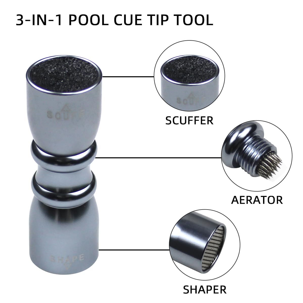 Scott Edward 3-in-1 Pool Cue Tip Tool - Professional Billiard Cue Accessories with Scuffer, Shaper & Aerator - Perfect Gift for Men, Husbands & Friends - Enhance Your Game in Pool Halls & Home Bars