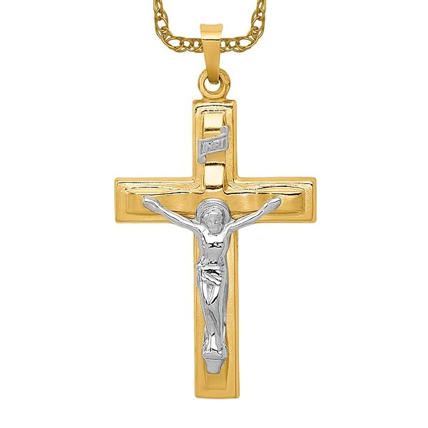 14K Solid Two Tone Gold Jesus Christ Crucifix Pendant Necklace - Religious Cross Charm for Women & Men - Perfect for Baptism, First Communion, Confirmation & Daily Wear