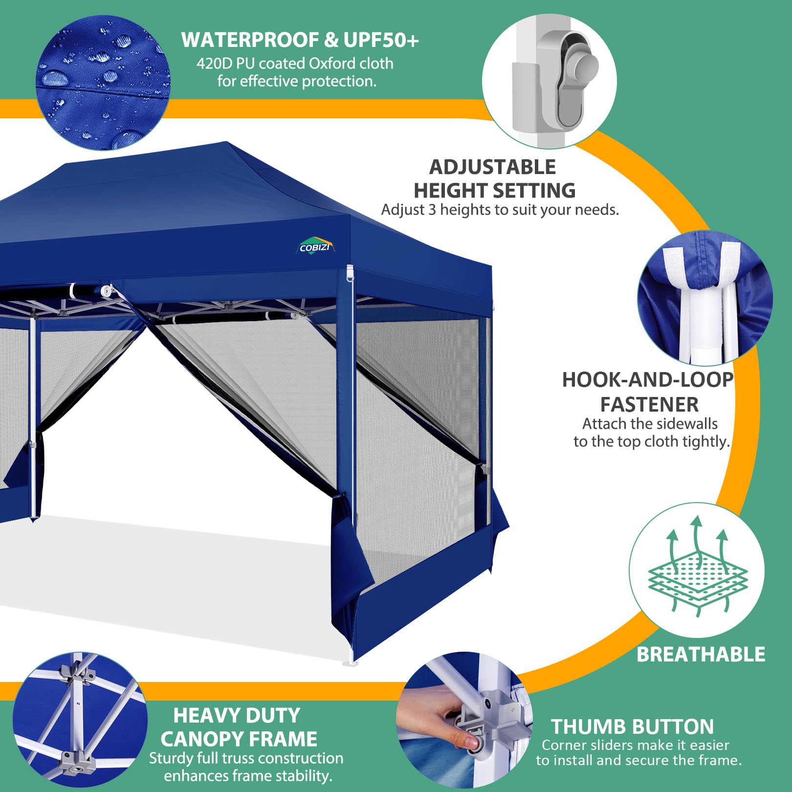 COBIZI 10x15 Pop Up Canopy Tent with 4 Sidewalls - Heavy Duty Instant Outdoor Shelter with Mosquito Net & Carry Bag | Perfect for Backyard Parties, Camping, Beach Outings & Outdoor Events (Deep Blue)