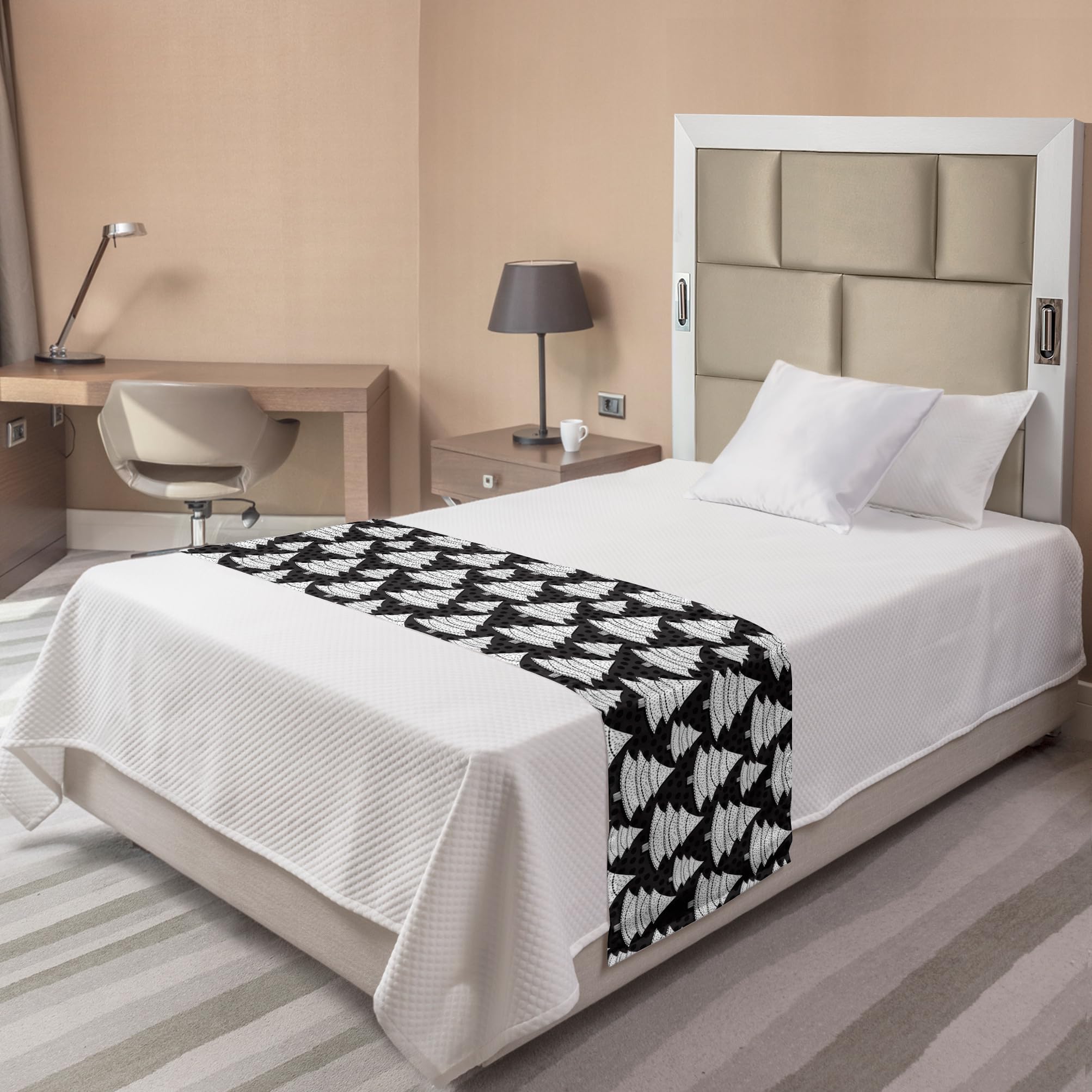 Ambesonne Christmas Bed Runner - Monochrome Print Repeating Ornate Trees with Polka Dots Backdrop, Decorative Accent Bedding Scarf for Hotels, Homes & Guestrooms - Charcoal Grey & White - Perfect for Holiday Decor, Winter Bedroom Styling and Festive Home Accents