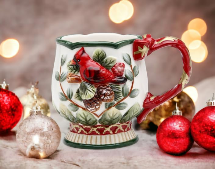 Cosmos Set of 4 Evergreen Holiday Cardinal 10-Oz Coffee Mugs - Perfect for Christmas Decor, Hot Cocoa & Tea Time, Gift Giving