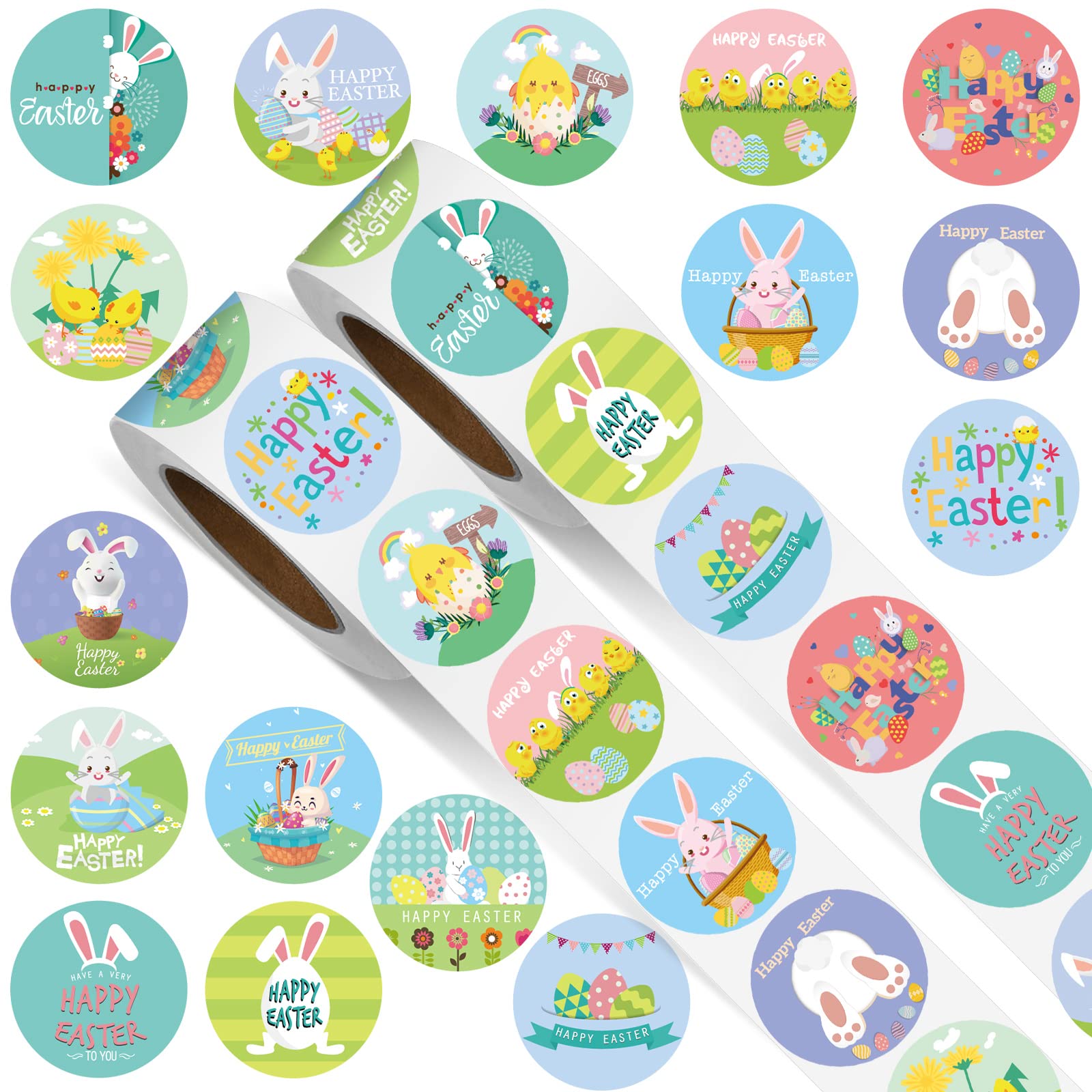 1000 Pcs Easter Stickers - 1 Inch Cute Bunny Happy Easter Round Labels Sticker Roll for Party Favors, Scrapbooking, Envelopes, Gift Cards - Perfect for Spring Decorations, DIY Crafts & Easter Egg Hunt Prizes