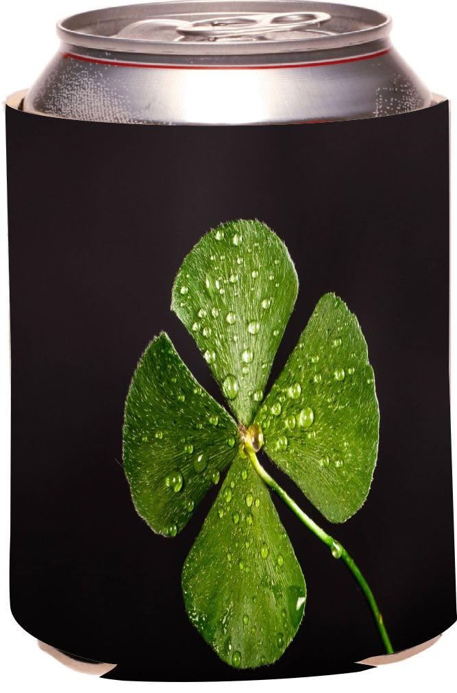 Four Leaf Clover Black Background Insulated Can Cooler - 12oz Beer & Soda Can Hugger - Double Wall Vacuum Insulation Beverage Holder for Parties, Camping & Outdoor Activities