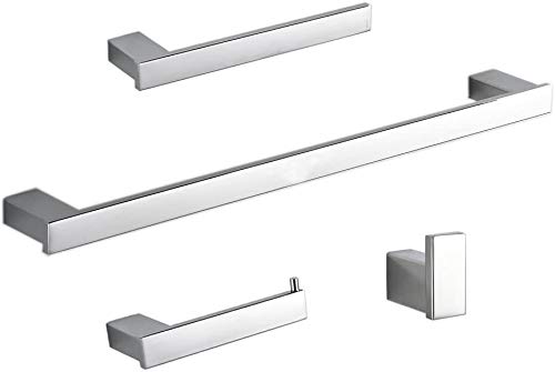 Premium 304 Stainless Steel Bathroom Towel Bar Set - Wall Mounted Square Design with Toilet Paper Holder, Towel Ring & Robe Hook (Silver) | Modern Bathroom Organization for Homes, Hotels & Spas