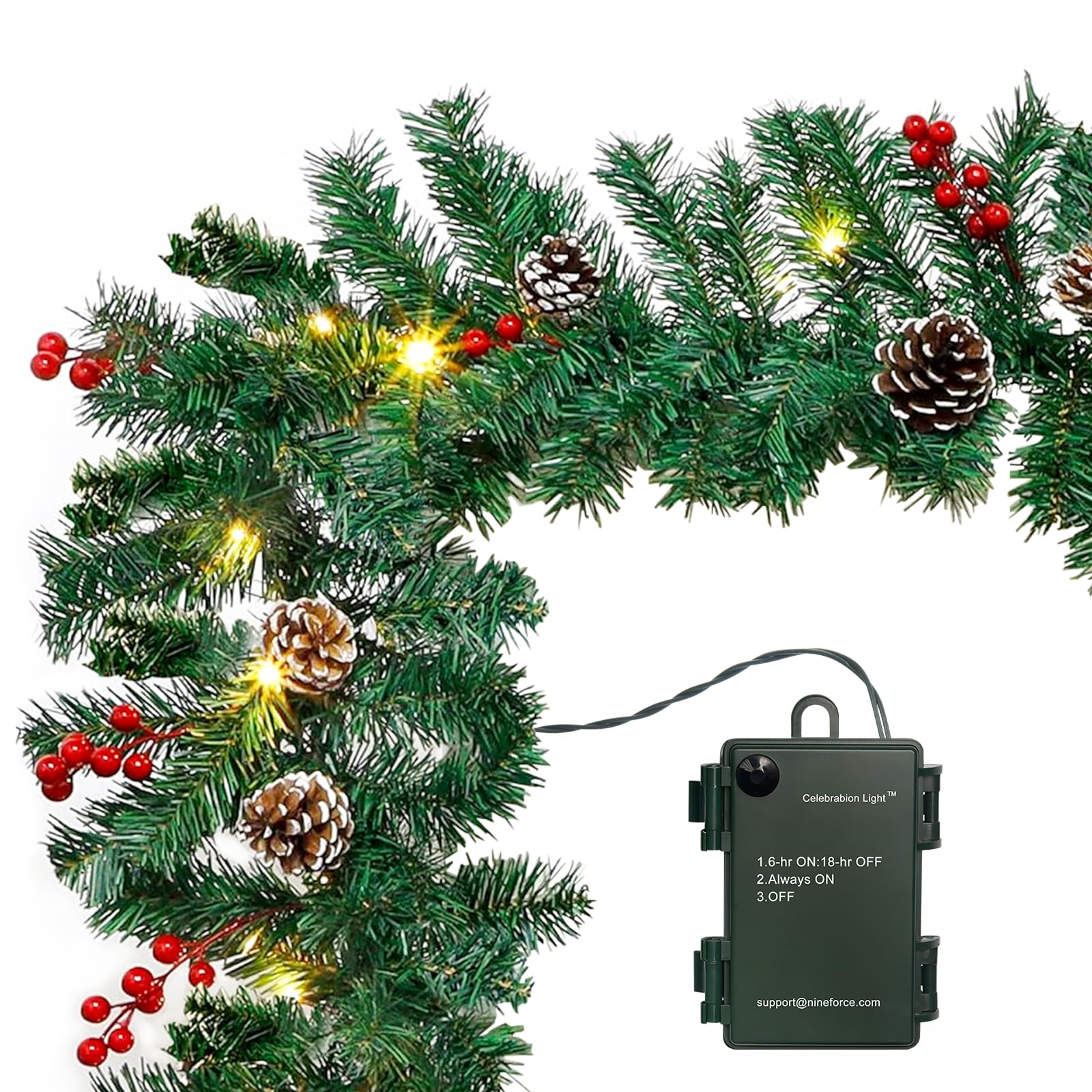 10Ft Christmas Garland with 50 LED Lights - 3 Pack Pre-lit Outdoor Xmas Garland with Timer - Pine Garland with Red Berries Snow Pine Cones - 10 Foot by 10 Inch | Perfect for Holiday Decor, Indoor & Outdoor Christmas Tree, Fireplace Mantel, Staircase, and Front Porch Decorations