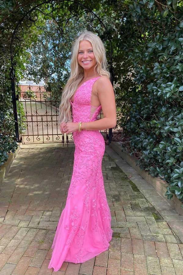 Elegant Hot Pink Mermaid Prom Dress with Deep V Neck & Appliques - Perfect for Homecoming, Pageants & Formal Events - Style J3716