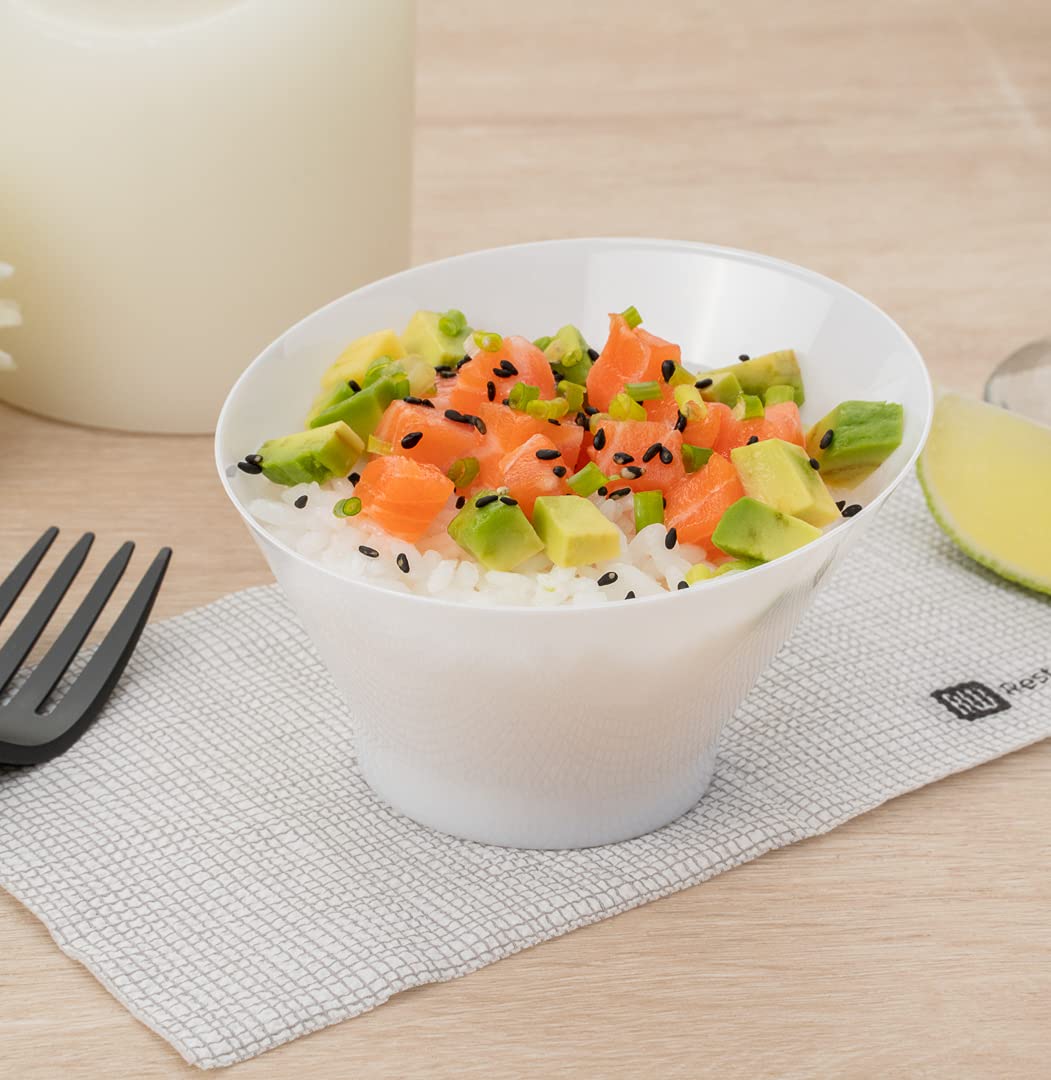5 oz Disposable Plastic Appetizer Bowls - 100 Pack White Round Serving Bowls with Incline Design - Durable Snack Cups for Weddings, Birthdays, Parties & Catering - Perfect for Chips, Nuts, Candy & Small Appetizers