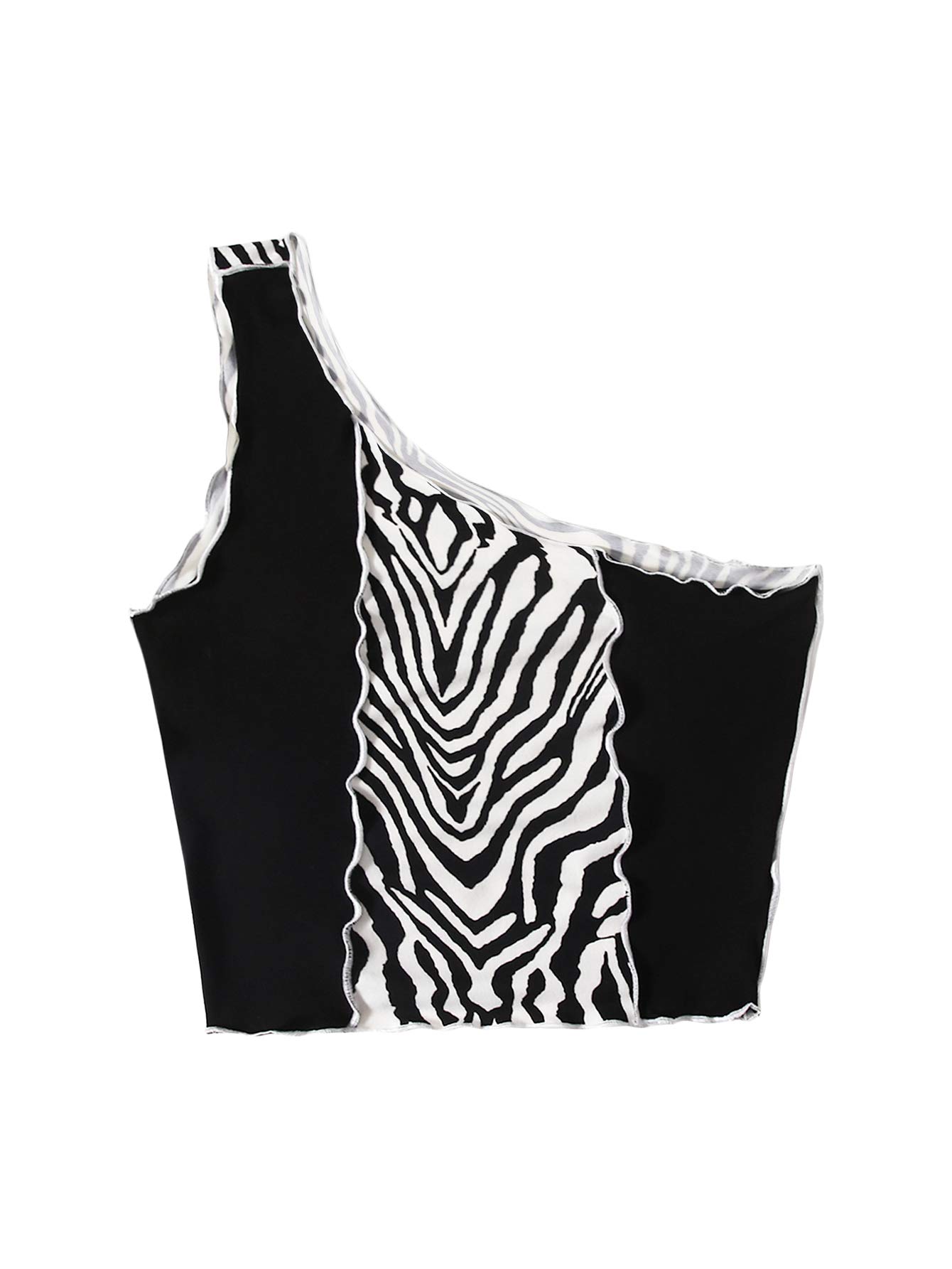 SheIn Women's One Shoulder Lettuce Trim Zebra Striped Colorblock Crop Tank Top - Sexy Summer Beach Party Outfit, Clubwear & Casual Street Style Fashion