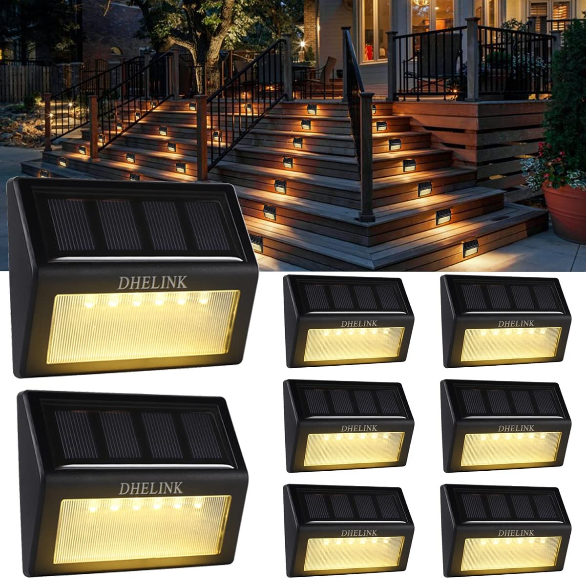 8 Pack Outdoor Solar Deck Lights - Waterproof LED Solar Step Lights with Auto On/Off, Warm White Lighting for Decks, Steps, Fence, Yard, Patio, Garden & Walkway - Perfect for Nighttime Safety and Landscape Decoration