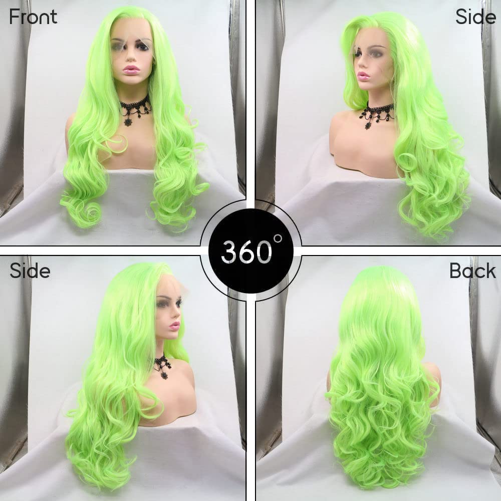 YNZT Long Wave Synthetic Lace Front Wig for Women - Fluorescent Green Cosplay Wig for Daily Use, Parties & Halloween Costumes | Heat Resistant & Natural Hairline