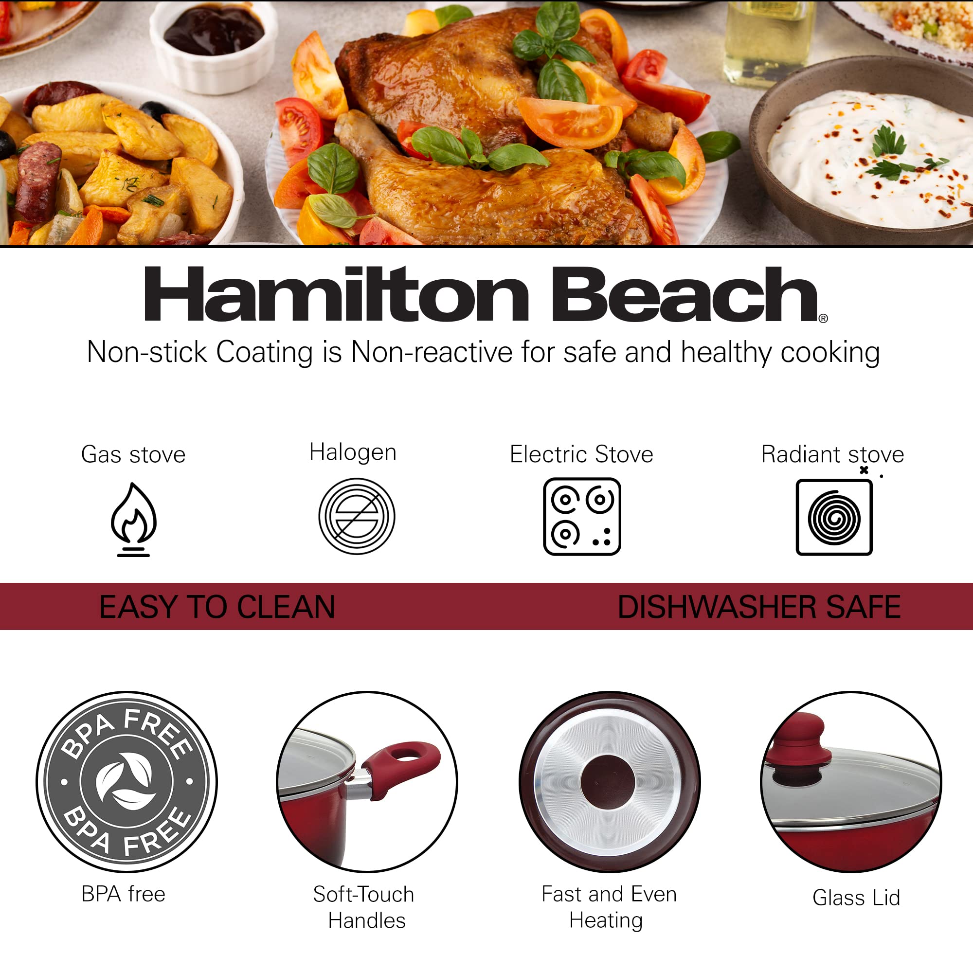 **Hamilton Beach 12-Piece Nonstick Aluminum Cookware Set - Red | Saucepan, Dutch Oven with Soft-Touch Bakelite Handles | Excellent Heat Conduction, Dishwasher Safe & Durable | Perfect for Stovetop Cooking, Baking & Serving**