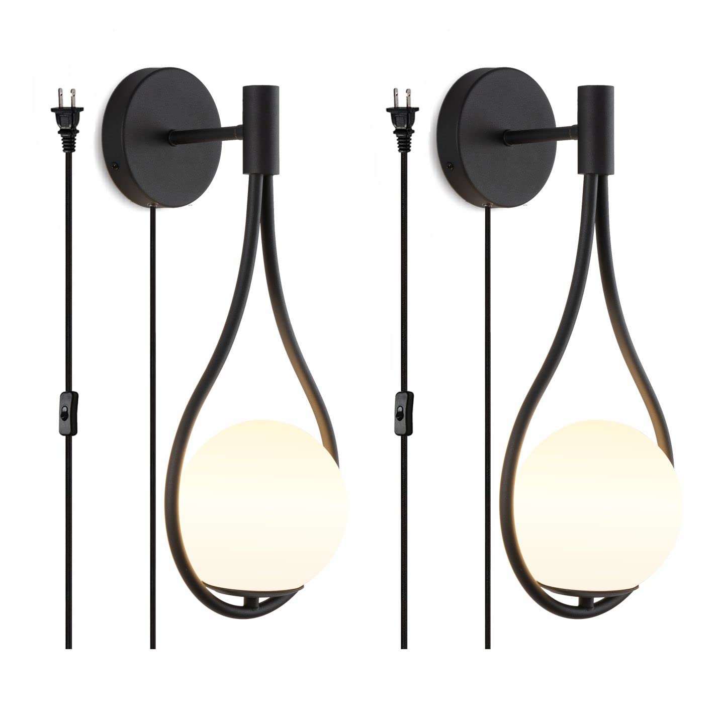 KCO Industrial Black Wall Sconce Plug-in 2-Light Glass Globe Vintage Wall Light Fixture - Metal Wall Lamp for Kitchen, Bedroom, Bathroom & Living Room (2-Pack Black) - Perfect for Ambient Lighting and Home Decor