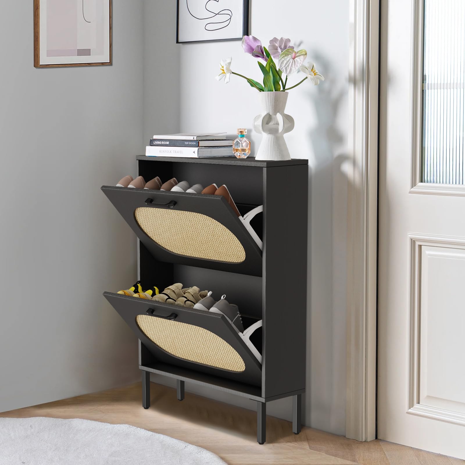 SUNCROWN Freestanding Shoe Storage Cabinet with 2 Flip Drawers - Narrow Entryway Shoe Rack Organizer with Natural Rattan Doors & Adjustable Shelves (Black) - Perfect for Small Spaces, Closet Organization & Entryway Decor