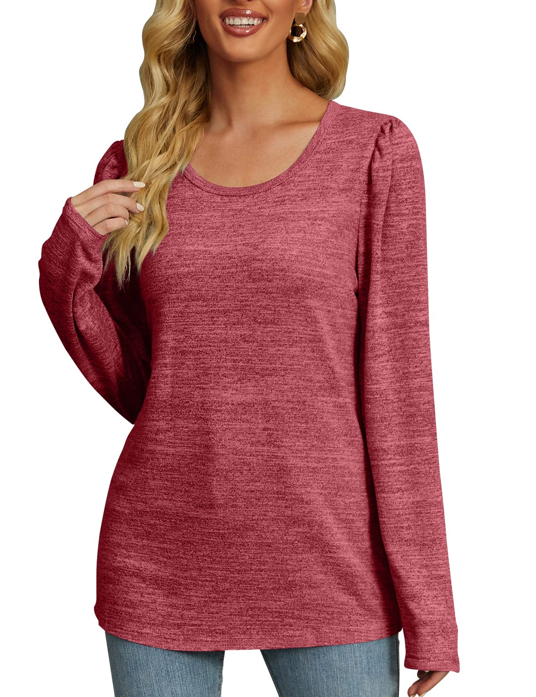 Women's Long Sleeve Tunic Tops for Leggings - Crew Neck Puff Sleeve Casual Fall Sweater Shirts | Perfect for Work, Weekend Outfits & Layering in Cool Weather