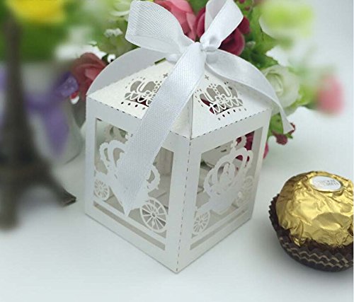 Krismile 50PCS White Laser Cut Cinderella Enchanted Carriage Wedding Favor Boxes - Elegant Pumpkin Carriage Gift & Candy Boxes for Bridal Showers, Baby Showers, and Fairy Tale Themed Parties