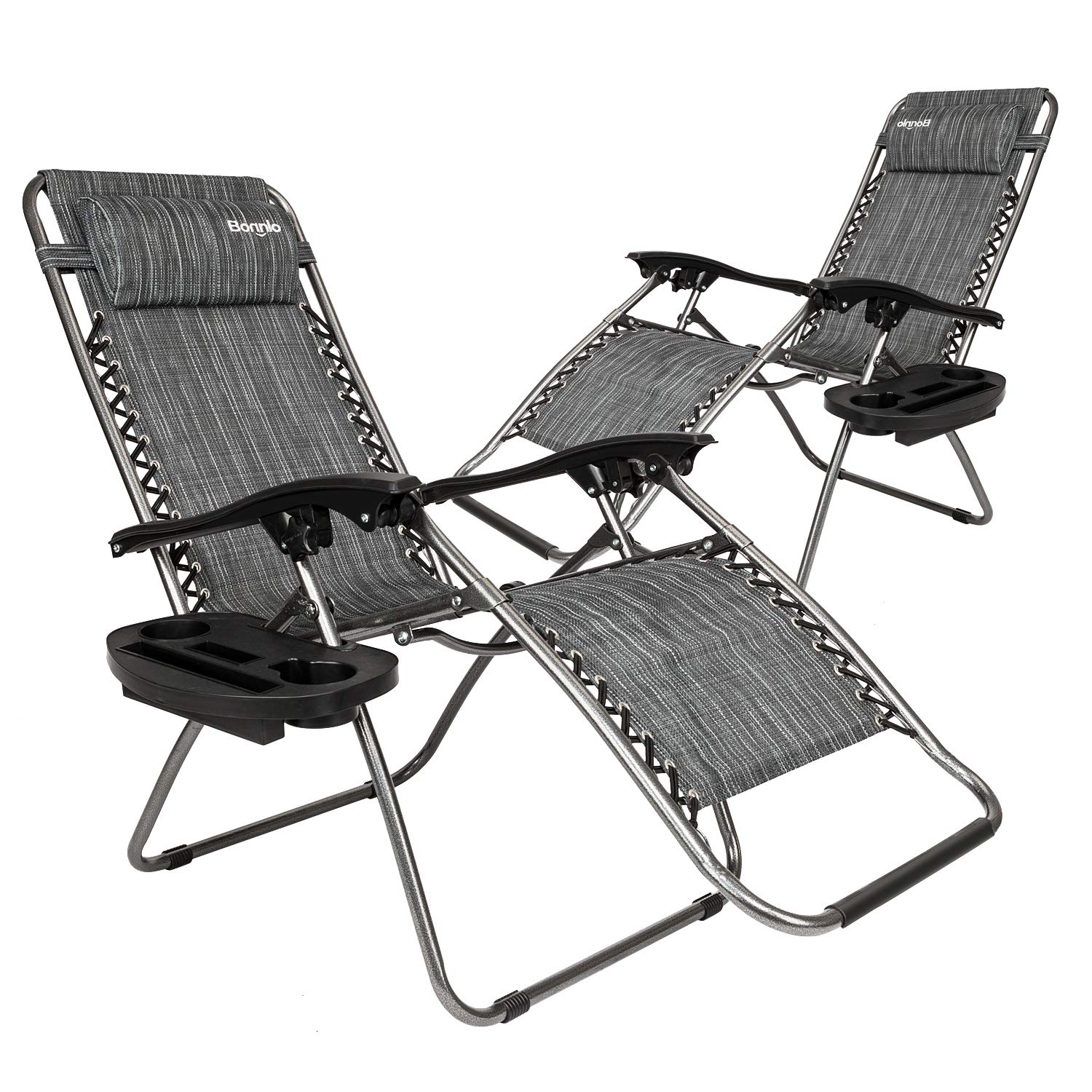 Bonnlo 2-Pack Adjustable Steel Mesh Zero Gravity Lounge Chairs with Pillow & Utility Tray - Foldable Reclining Outdoor Chairs for Patio, Deck, Beach, Yard, Poolside & Garden Relaxation
