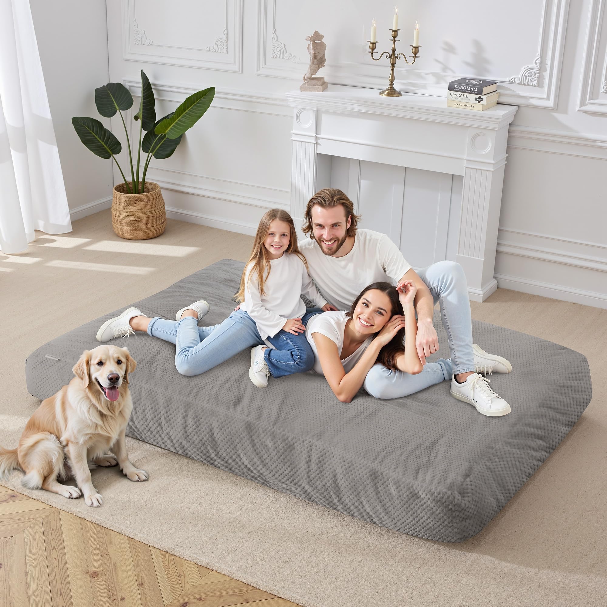 HABUTWAY Giant Chenille Bean Bag Chair - Ultra Soft Washable Cover, Convertible from Chair to Mattress - Large Comfortable Bean Bag for Adults, Couples & Family (Grey Queen) - Perfect for Living Room, Bedroom, Game Room & Home Theater Relaxation