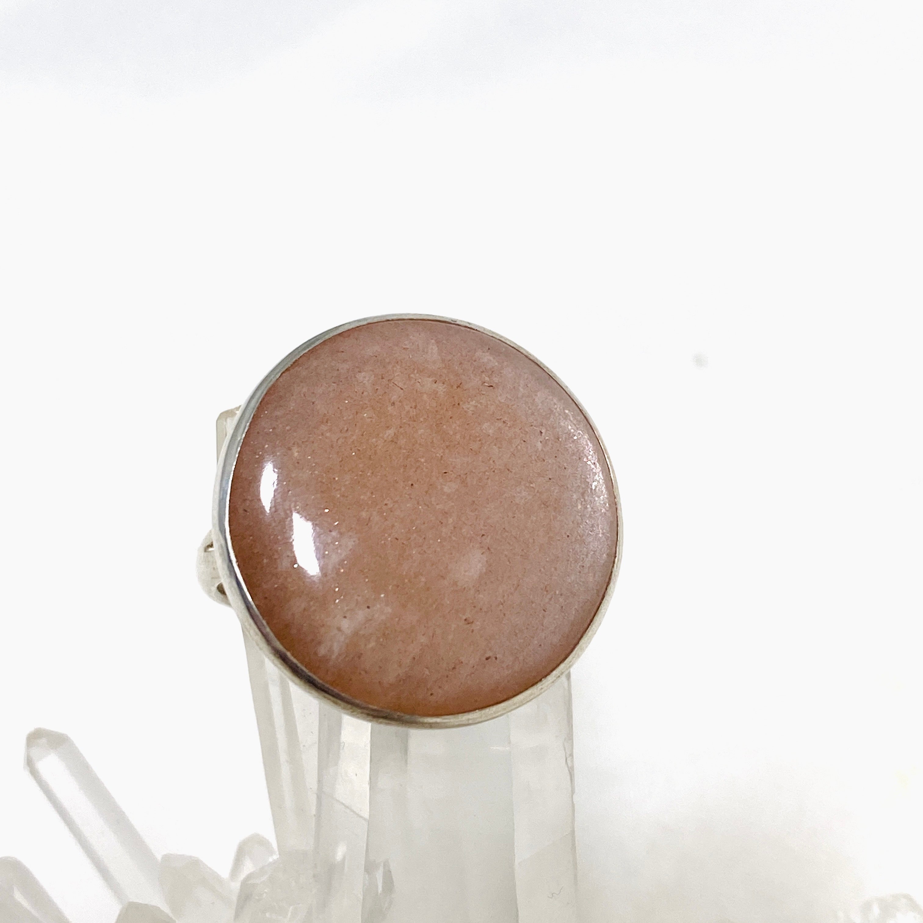 Natural Peach Moonstone Round Ring - Size 10 Silver Jewelry KRGJ2173 | Elegant Boho Gift for Women, Perfect for Weddings & Everyday Wear