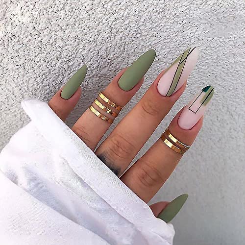 24pcs Matte Green False Nails with Glue - Long Removable Fake Nails for Manicure | Fashionable Nail Art Gifts for Girls | Perfect for Parties, Weddings & Daily Wear