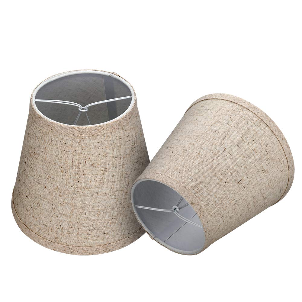 ALUCSET 2-Pack Small Clip-On Lamp Shades for Candelabra Bulbs - 5x8x7 Inch Barrel Fabric Lampshades in White/Brown - Perfect for Table Lamps, Chandeliers & Wall Sconces - Elegant Home & Office Lighting Decor