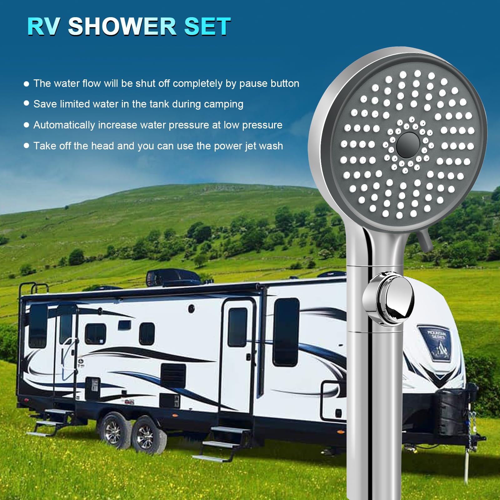 **High Pressure RV Shower Head with Hose - 5 Mode Handheld Showerhead for RV, Camper, Travel Trailer & Motorhome - Water Saving Shower Head with On/Off Switch & Holder - Perfect for Camping, Road Trips & Off-Grid Living**