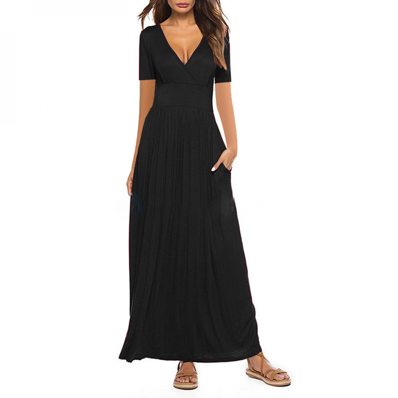 Women's Flowy Short Sleeve Maxi Dress - Casual Loose Plain Long Dress with Pockets for Beach, Wedding Guest & Summer Parties | Perfect for Vacations, Date Nights & Outdoor Events