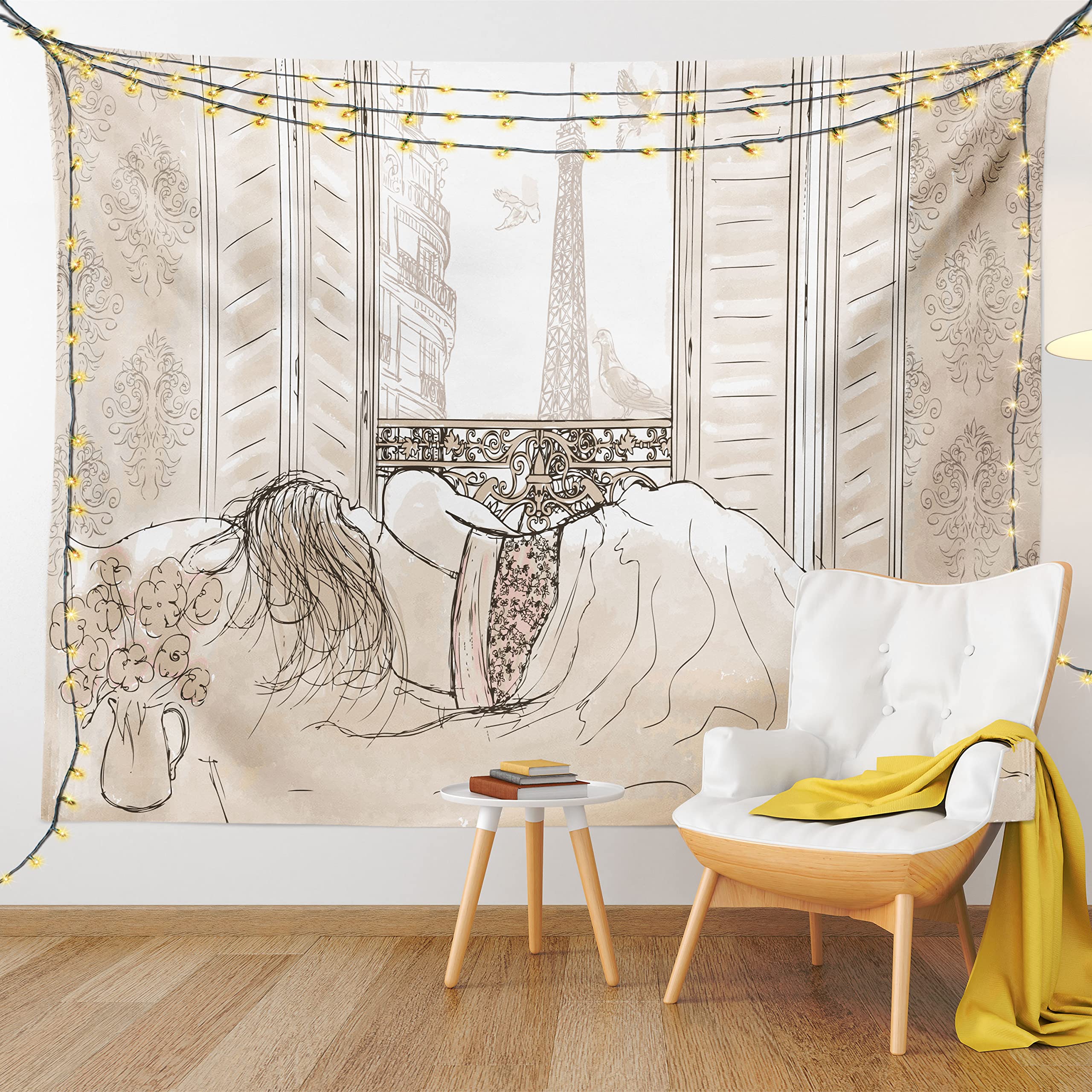 Ambesonne Paris Tapestry Wall Art - Romantic Sketch of Parisian Woman Sleeping with Eiffel Tower View | 28x23 Inch Cream Fabric Wall Hanging Decor for Bedroom, Living Room, Dorm | Perfect for French Theme Decor & Boho Chic Home Styling