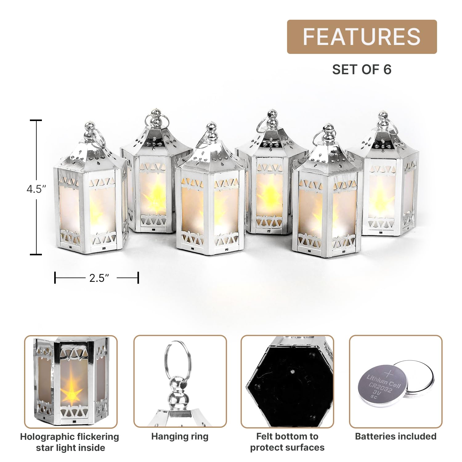 Silver Mini LED Star Lanterns - 6 Pack Battery-Operated Decorative Lanterns for Indoor Christmas Decor, Wedding Centerpieces, Winter Reception & Party Decorations - Perfect for Table Settings, Holiday Displays and Romantic Ambiance Lighting