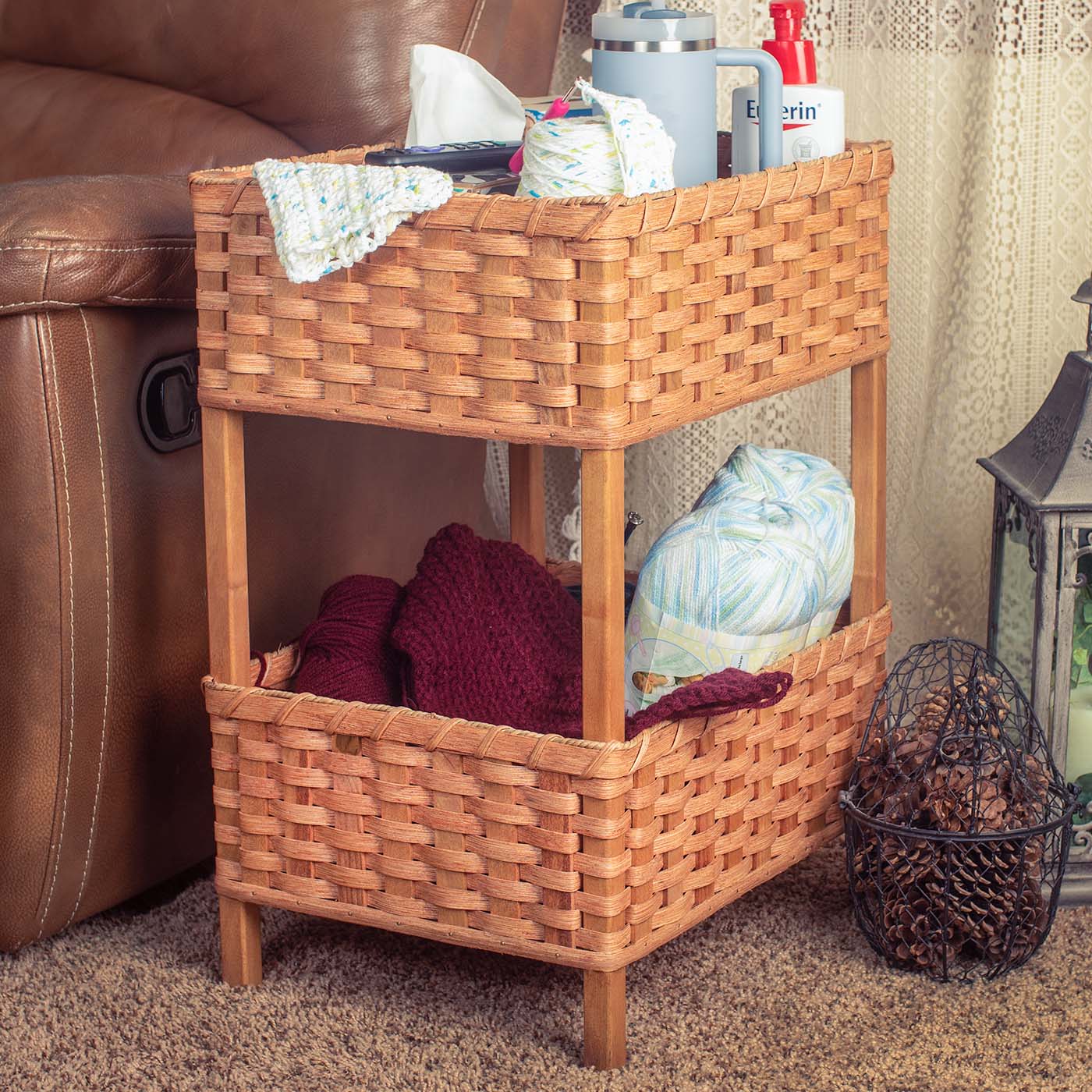 Amish Wicker 2-Tier Storage Basket Side Table - Handcrafted Chairside Organizer for Living Room, Bedroom & Porch Decor