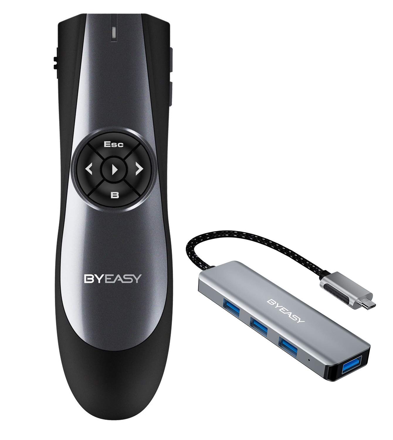 BYEASY RF 2.4GHz Wireless Presenter Remote with USB-C Hub - 100ft Range, Aluminum Body for MacBook Pro/Air, HP, Dell | Perfect for Business Presentations, Online Teaching & Remote Work