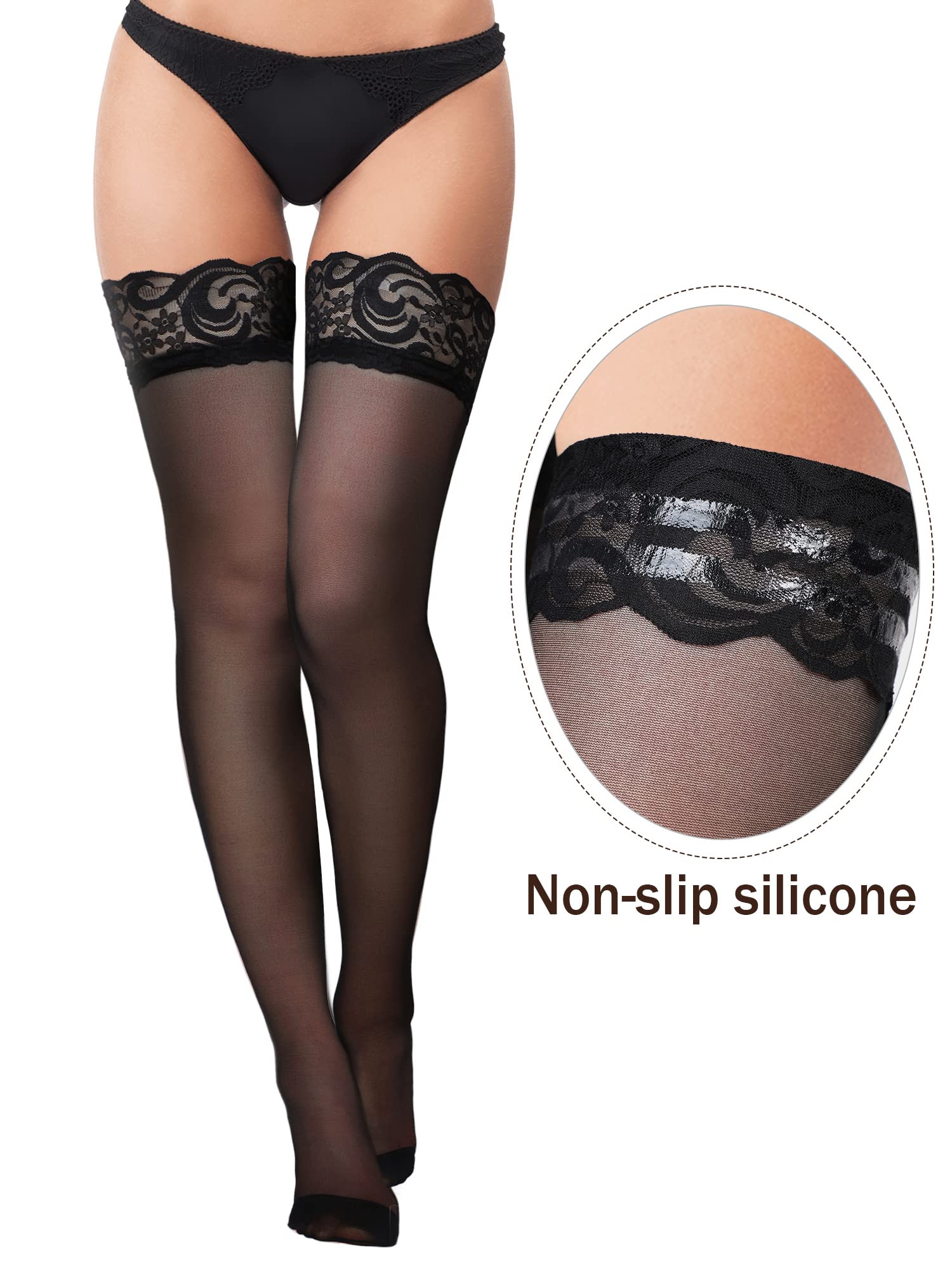 Boao 4 Pairs Women's Thigh High Stockings - Silicone Lace Top, Silky Semi-Sheer Tights - Perfect for Party, Cosplay, Date Night & Winter Fashion
