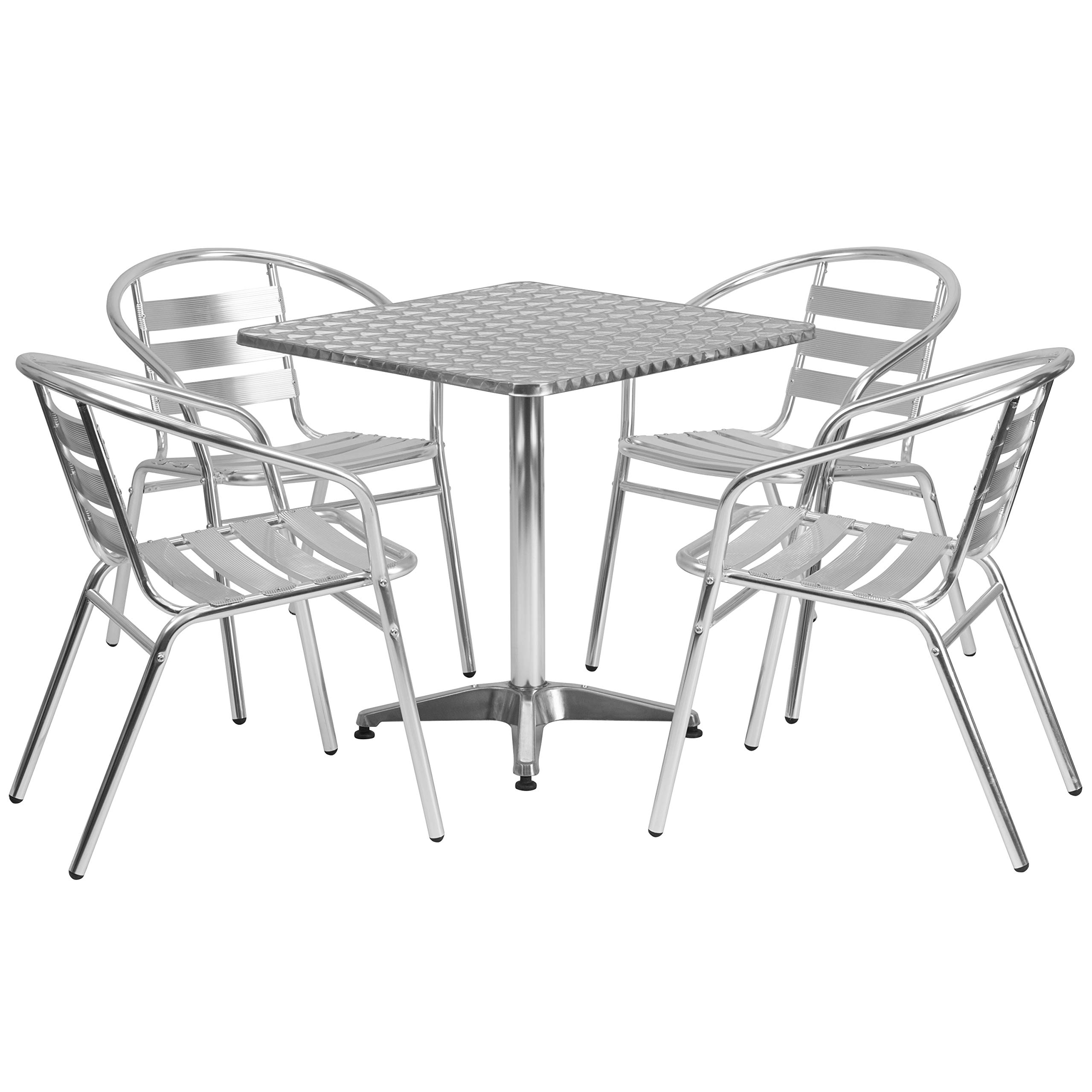 Flash Furniture 5-Piece Aluminum Patio Dining Set with Square Table & 4 Slat Back Chairs - Indoor/Outdoor Bistro Set in Silver | Perfect for Backyard, Garden, Poolside & Restaurant Outdoor Seating