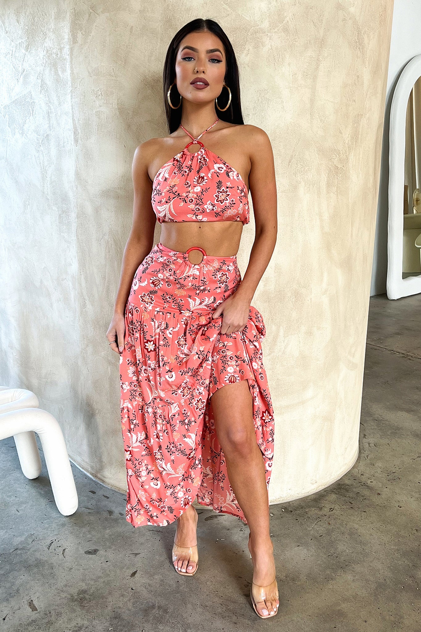 Lora Crop Top - Coral Floral Print Women's Summer T-Shirt | Boho Chic Blouse for Beach, Music Festivals & Casual Outfits