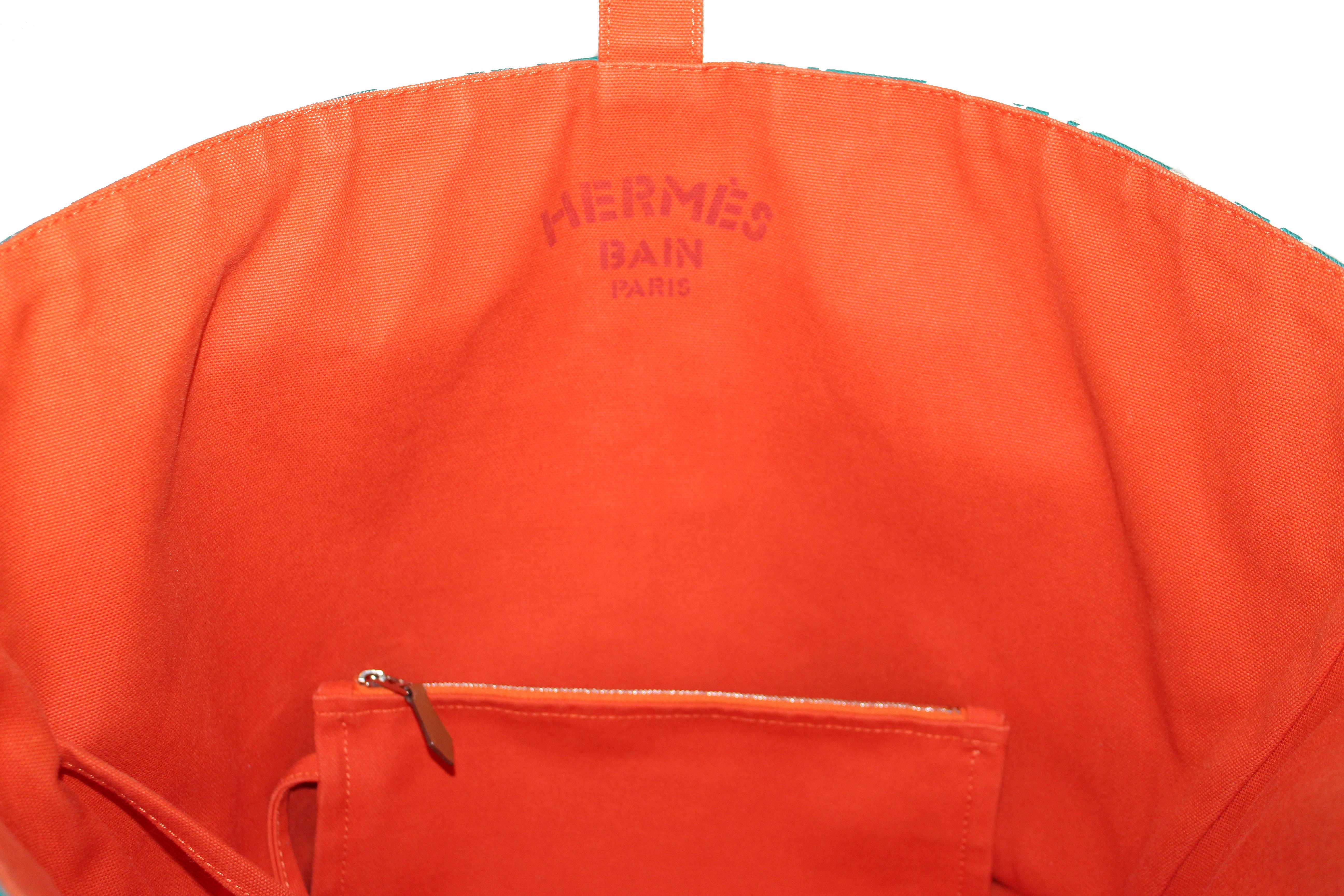 Authentic Hermes Orange with Green Canvas Chain De Ancre Beach Tote Shoulder Bag - Luxury Designer Handbag for Women, Perfect for Summer Vacations, Beach Trips, and Casual Outings