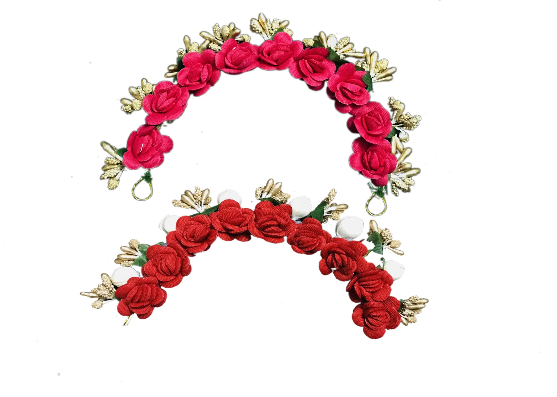 Arooman™ Bridal Artificial Flower Hair Tiara & Gajra Hair Accessories for Women & Girls - Red & Rani Pink Wedding Hairpiece - Perfect for Bridal, Mehendi & Indian Festive Occasions