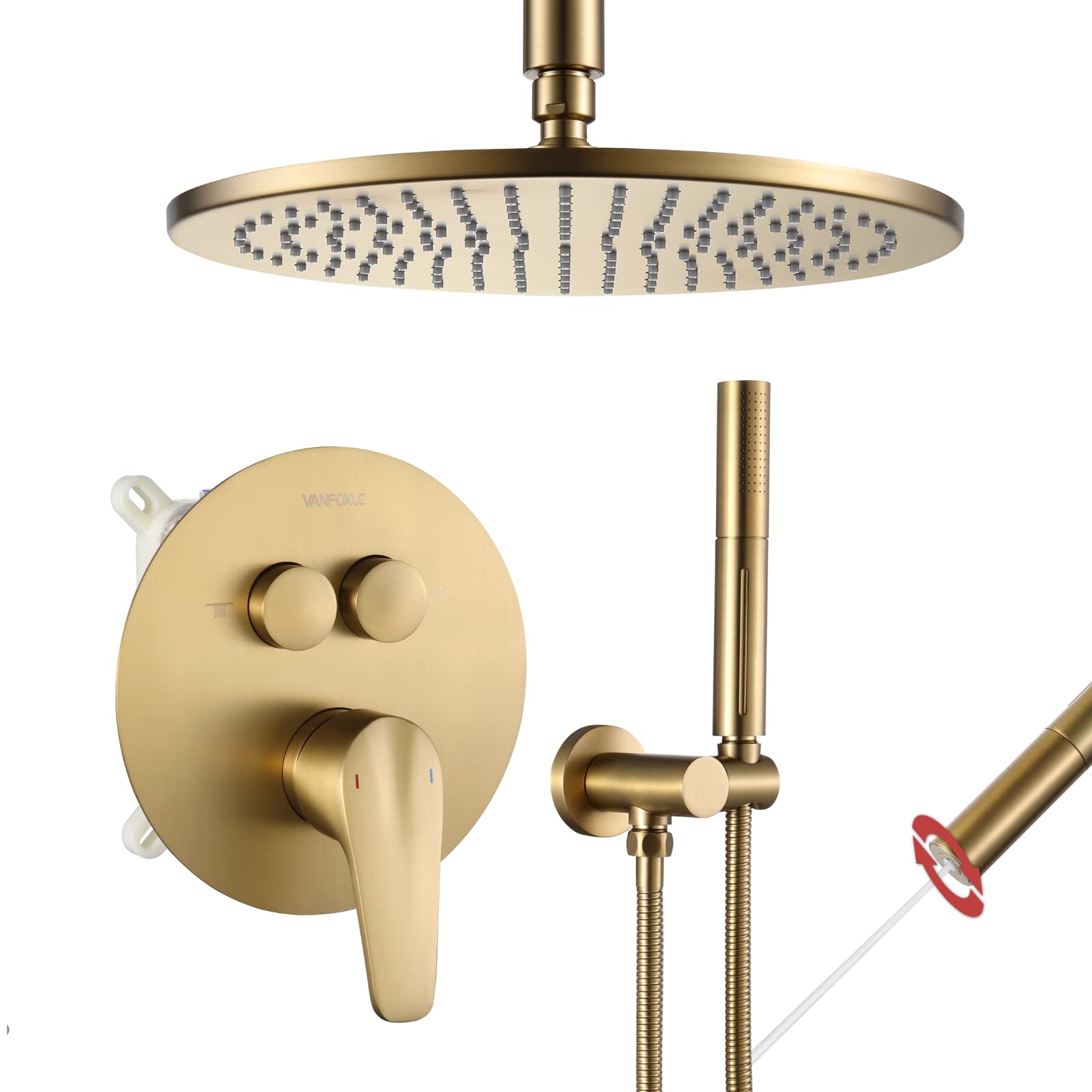VANFOXLE Brushed Gold Shower Faucet Set with 2-in-1 Handheld Shower Head - 10 Inch Ceiling Mounted Shower System with Push Button Diverter (Includes Rough-in Valve Body & Trim) - Perfect for Modern Bathroom Renovations and Luxury Spa Experience