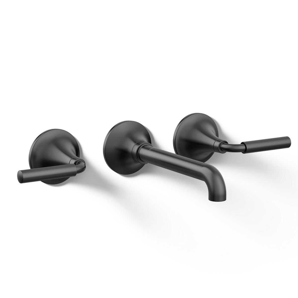 Kohler T26439-4-BL Matte Black Wall-Mount Bathroom Sink Faucet Set with Two Lever Handles - Modern Waterfall Spout Design for Powder Room, Guest Bath & Small Space Installation