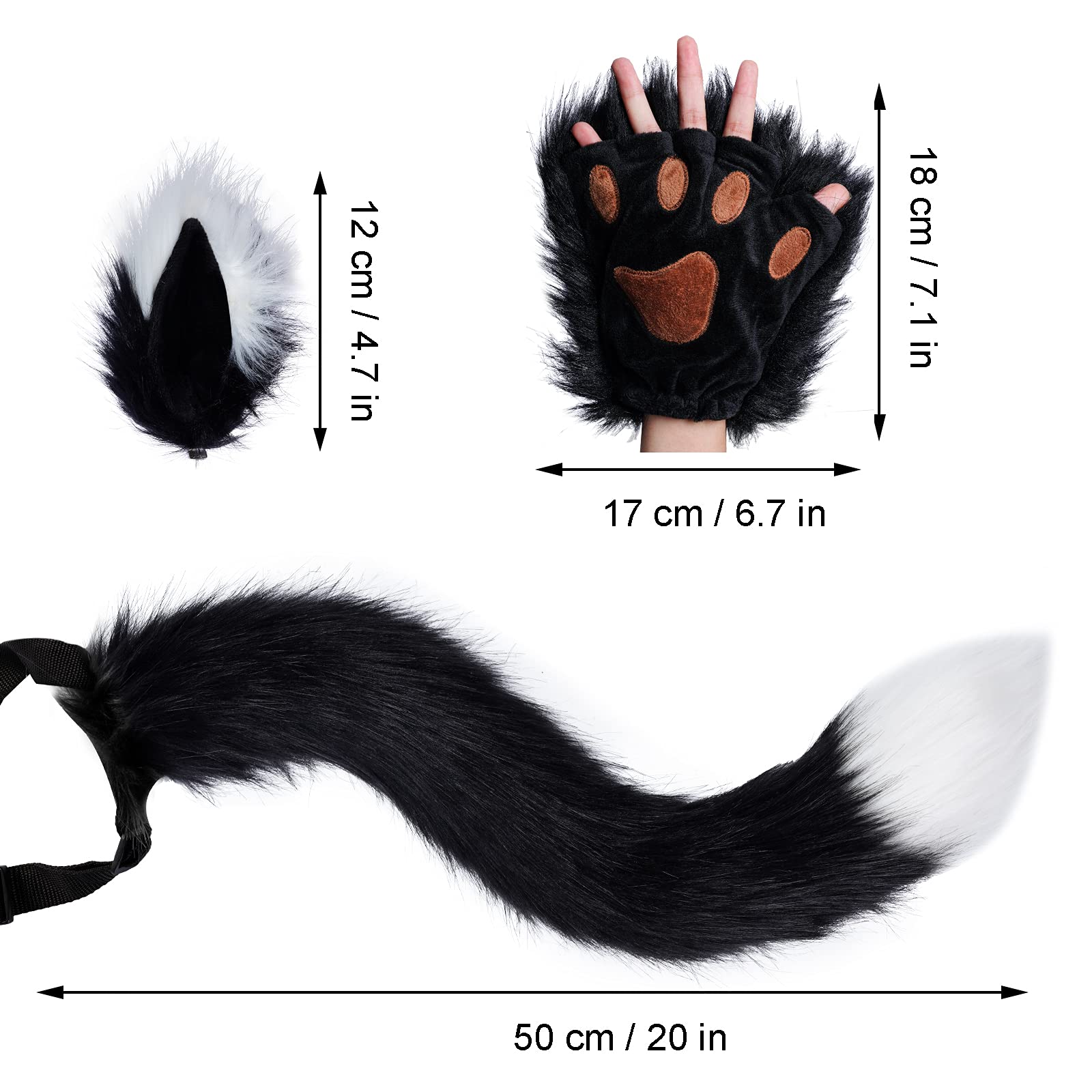 Faux Fur Wolf Fox Tail Hair Clips with Ears & Gloves Set - Halloween Christmas Cosplay Costume Accessories for Party Dress Up & Role Play
